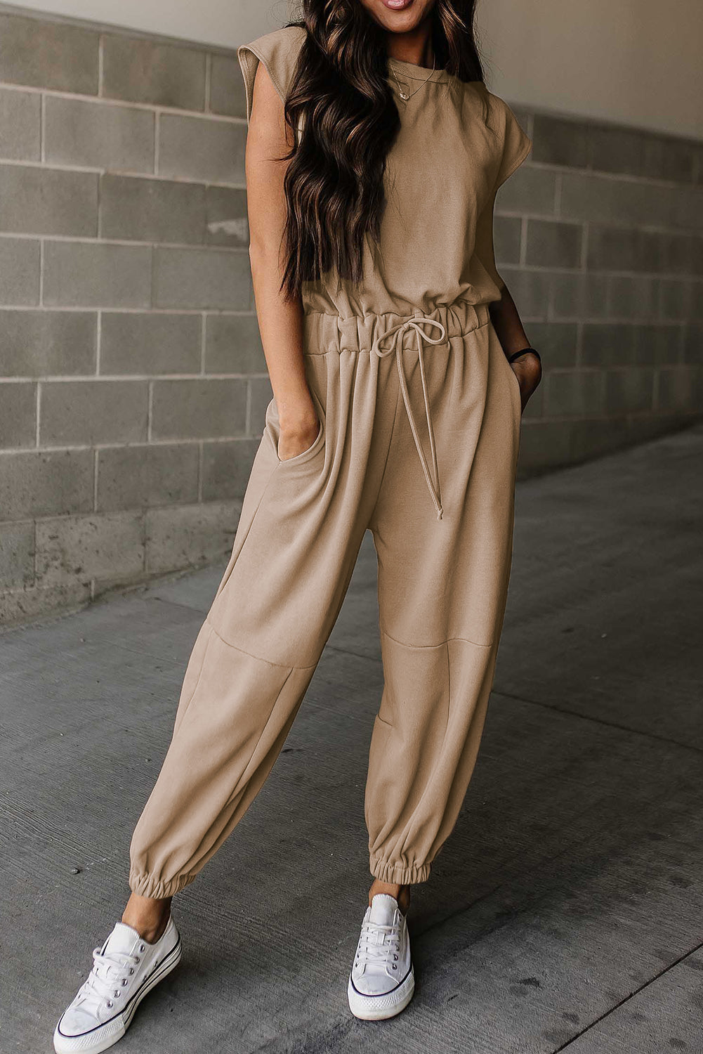 Cap Sleeve Open Back Drawstring Jogger Jumpsuit