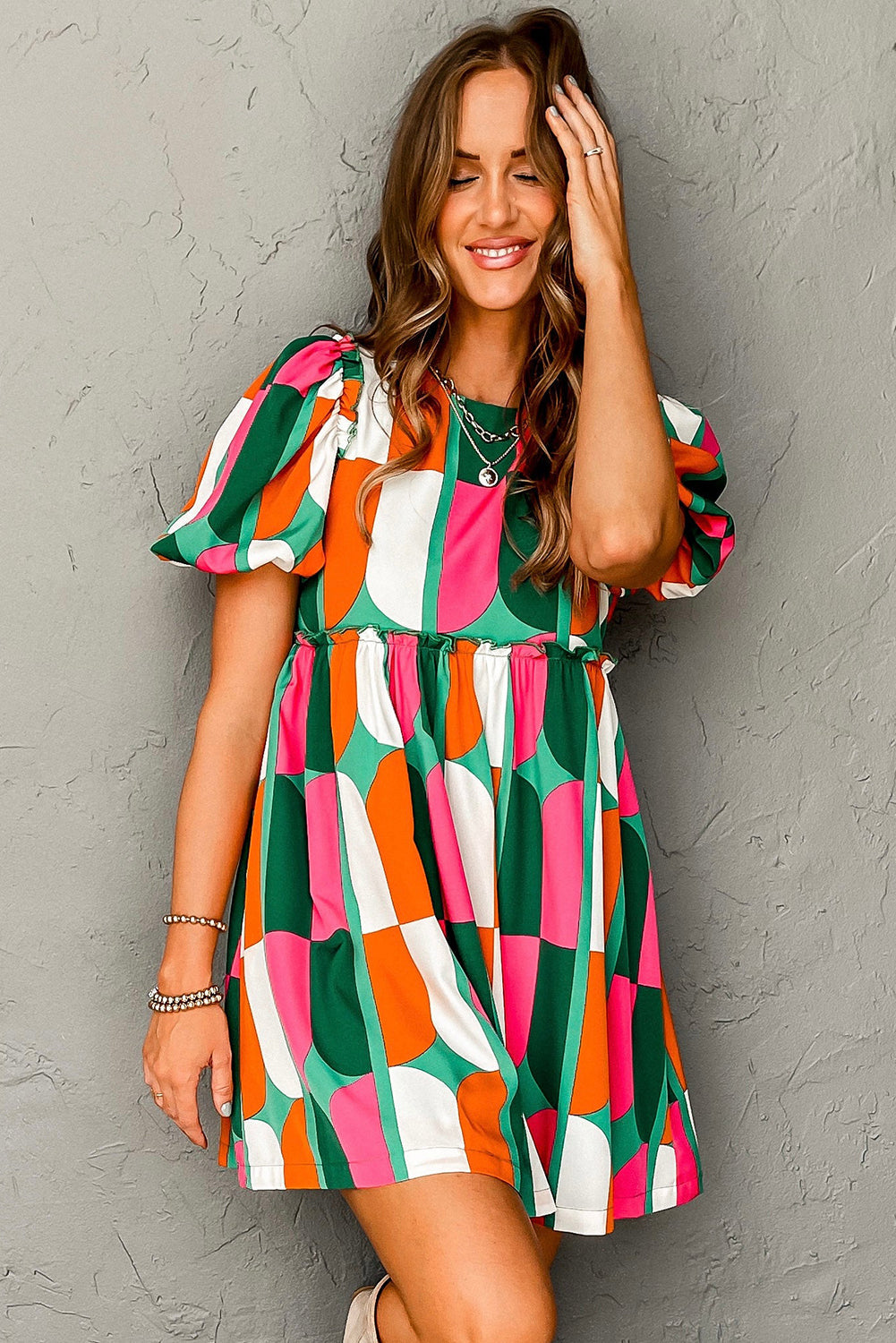 Abstract Print Puff Sleeve Short Dress