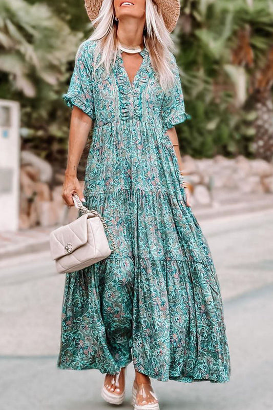 Boho Paisley Print Ruffle Tiered Maxi Dress