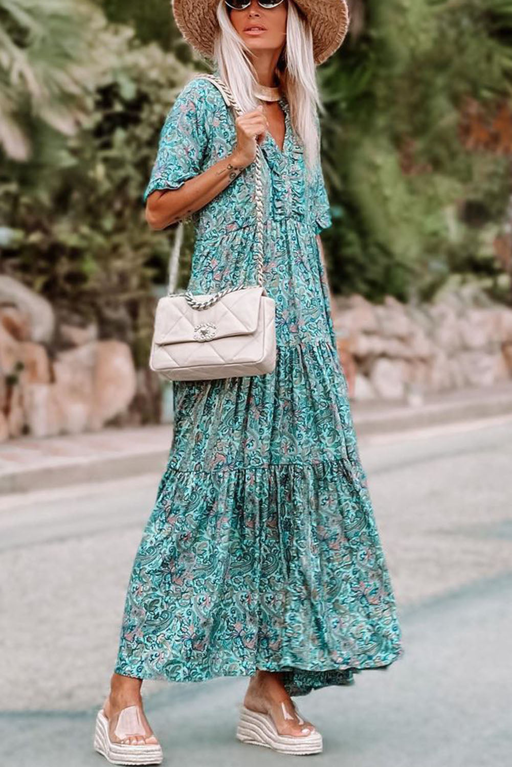 Boho Paisley Print Ruffle Tiered Maxi Dress