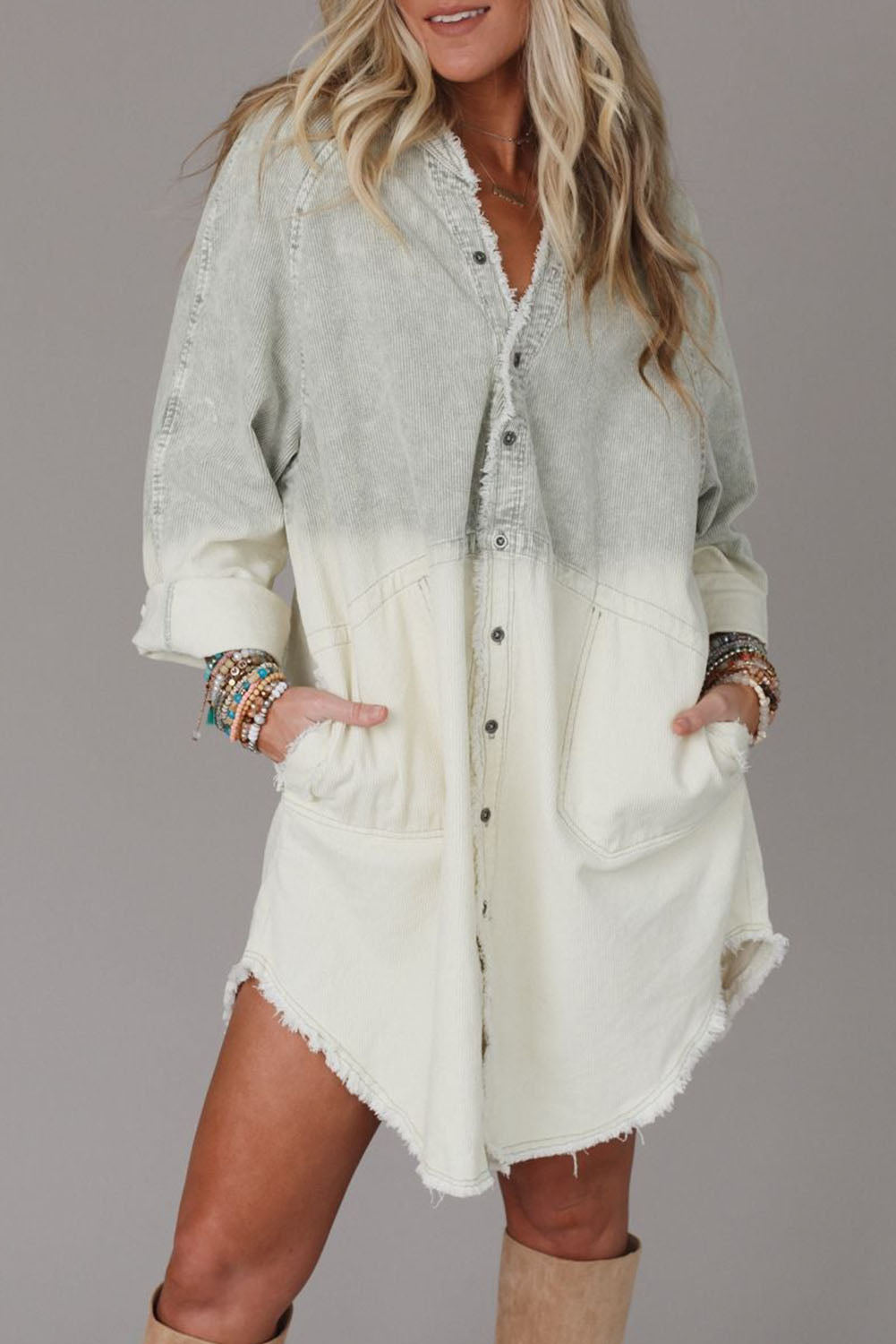 Gradient Button Up Raw Hem Denim Dress