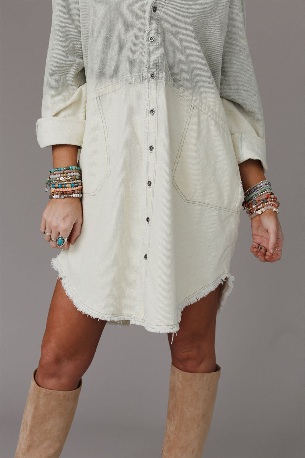 Gradient Button Up Raw Hem Denim Dress