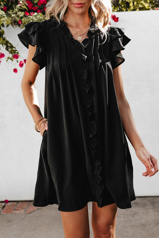 Ruffle Sleeve V Neck Frilled Shift Dress