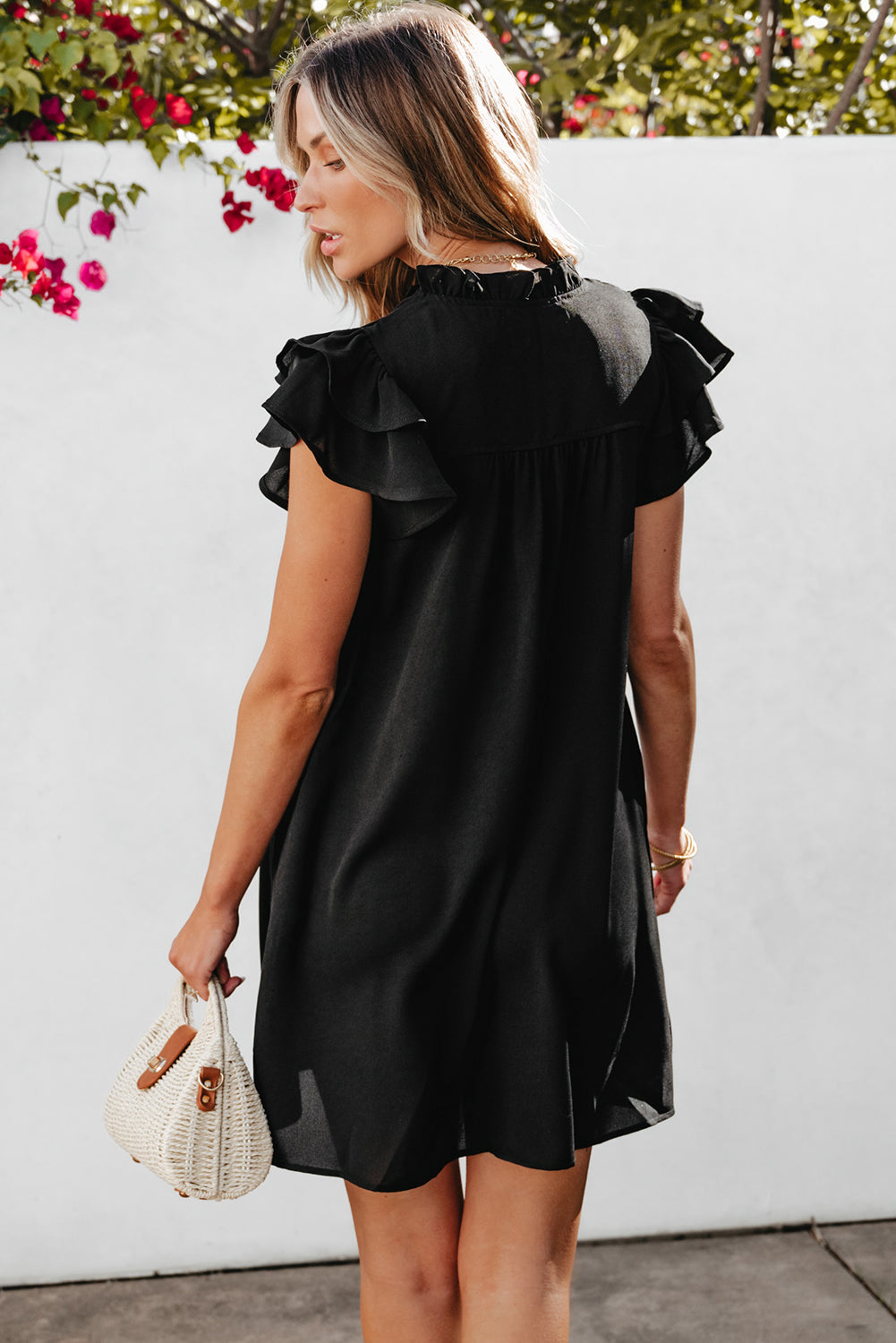 Ruffle Sleeve V Neck Frilled Shift Dress