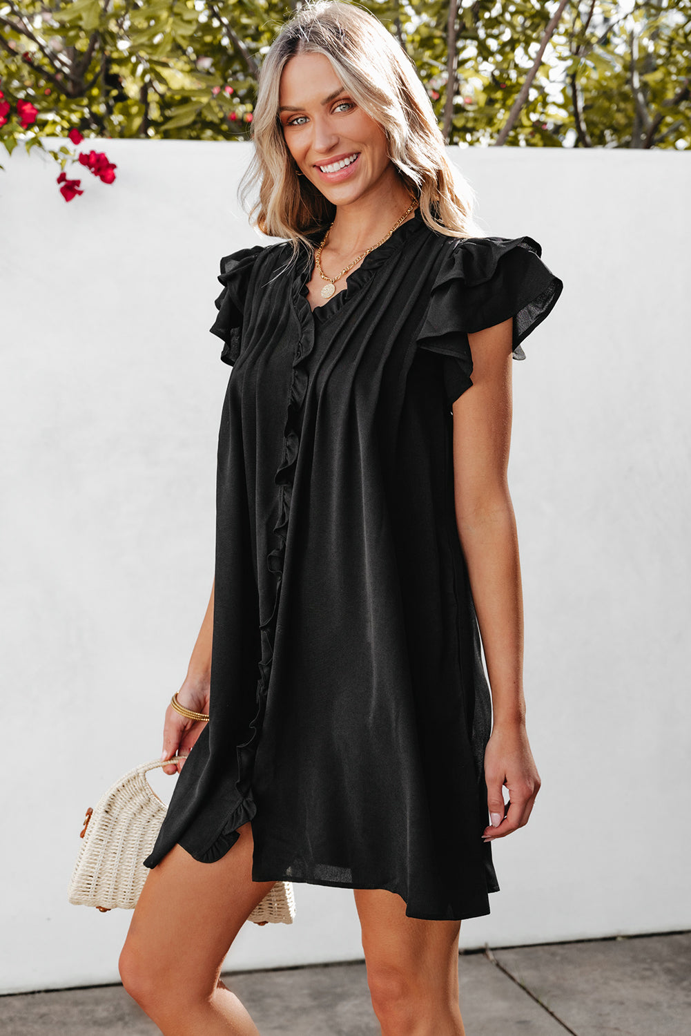 Ruffle Sleeve V Neck Frilled Shift Dress