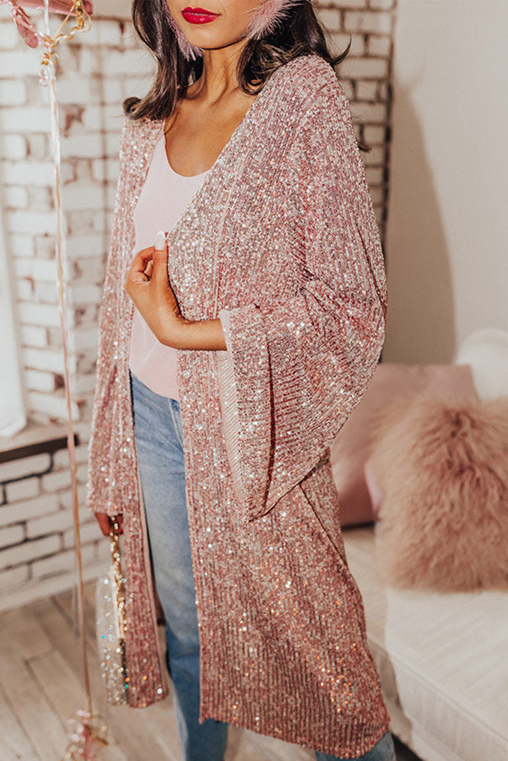 Pink Flare Sleeve Sequin Cardigan