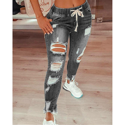 Elastic Waist Drawstring Ripped Jeans