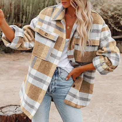 Plaid Button Flannel Wool Shirt Jacket