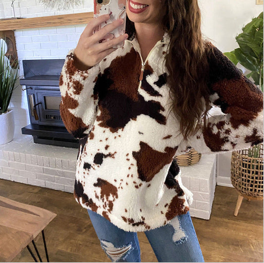 Plush Cow Zip Sweatshirt