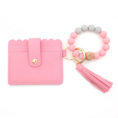 Silicone Bead Bracelet Card Case PU Tassel Lady Keychain