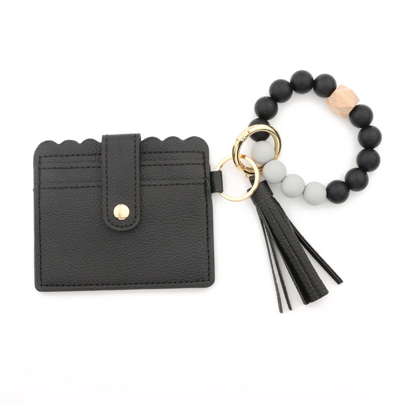 Silicone Bead Bracelet Card Case PU Tassel Lady Keychain