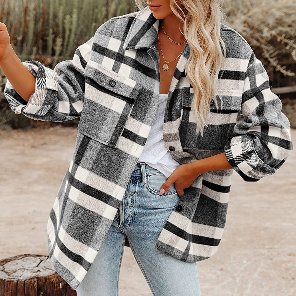 Plaid Button Flannel Wool Shirt Jacket