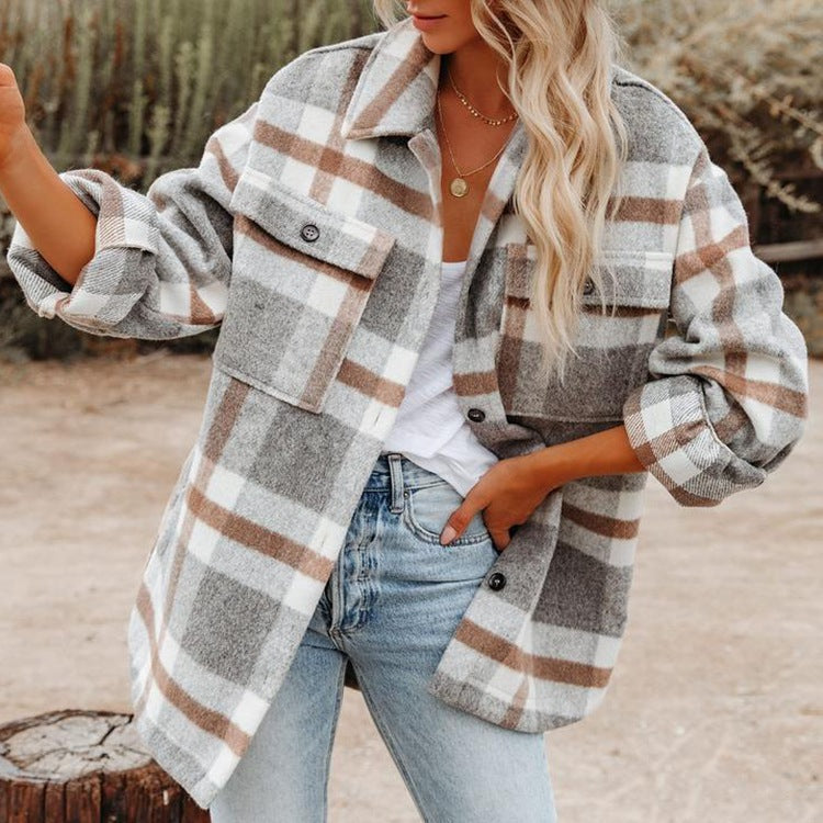 Plaid Button Flannel Wool Shirt Jacket