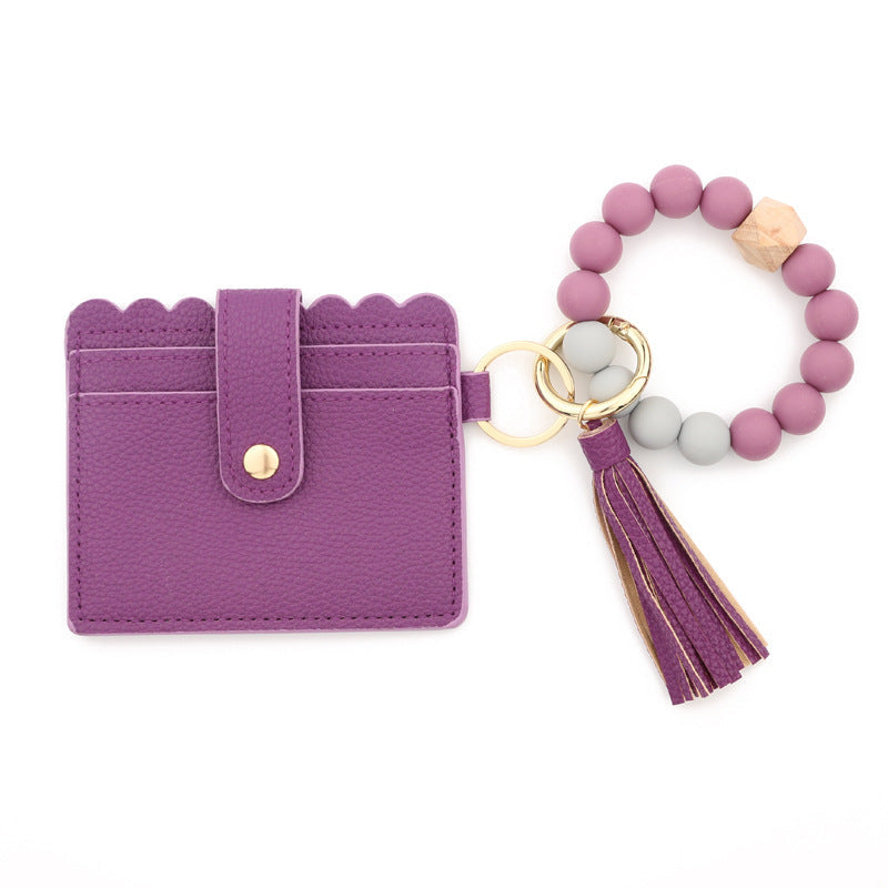 Silicone Bead Bracelet Card Case PU Tassel Lady Keychain