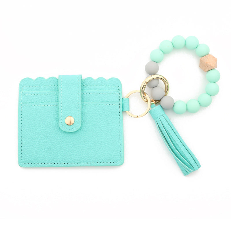 Silicone Bead Bracelet Card Case PU Tassel Lady Keychain