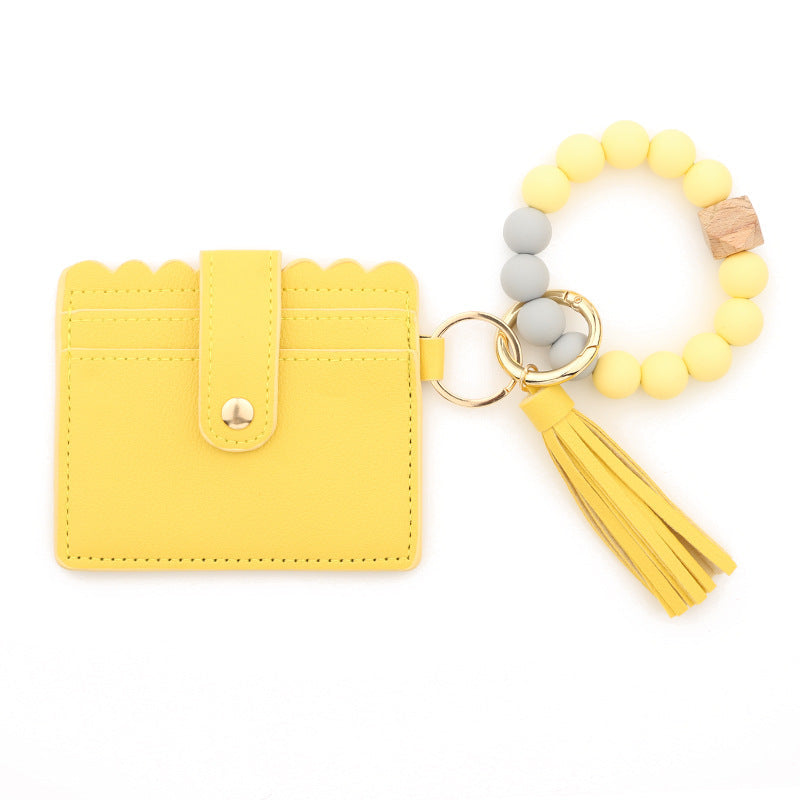 Silicone Bead Bracelet Card Case PU Tassel Lady Keychain