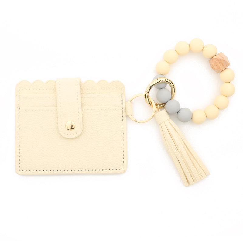 Silicone Bead Bracelet Card Case PU Tassel Lady Keychain