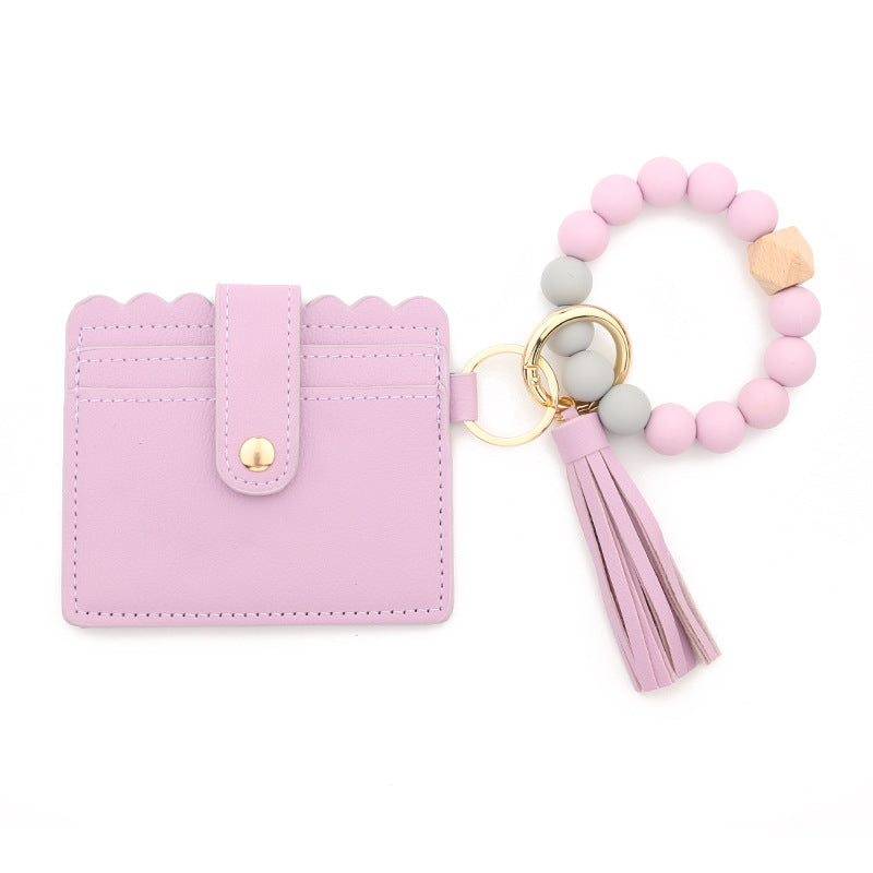 Silicone Bead Bracelet Card Case PU Tassel Lady Keychain