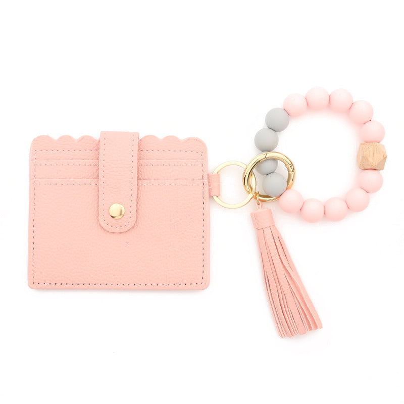 Silicone Bead Bracelet Card Case PU Tassel Lady Keychain