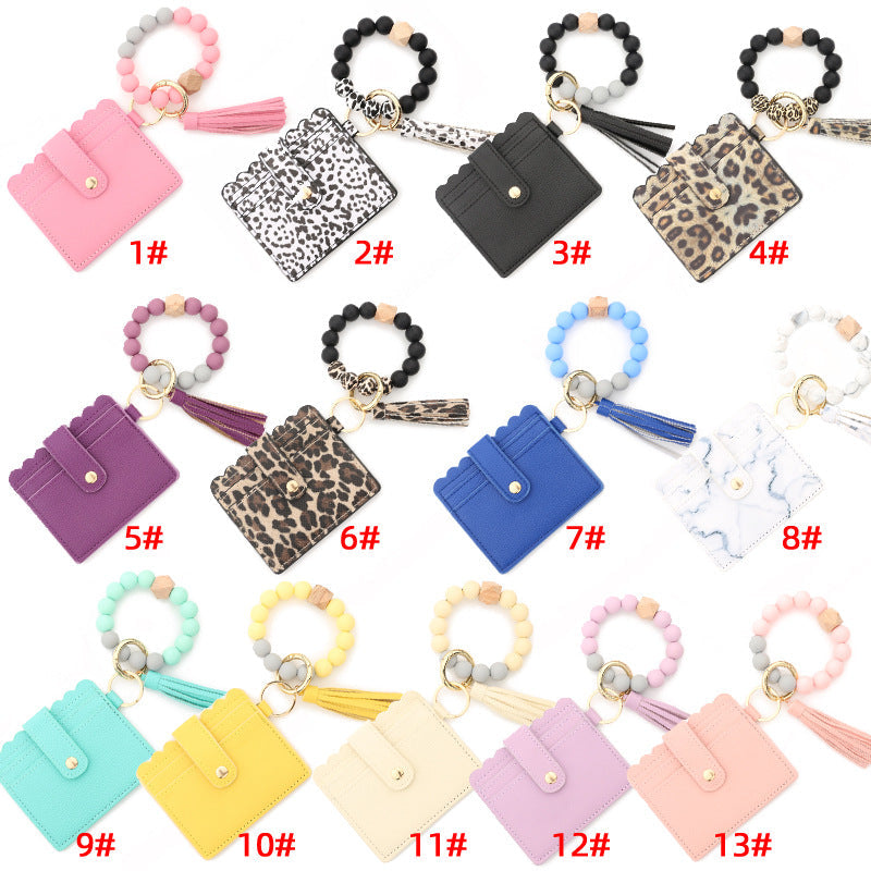 Silicone Bead Bracelet Card Case PU Tassel Lady Keychain