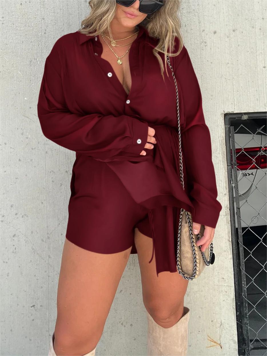 Solid Color Long Sleeve Shirt Jumpsuit