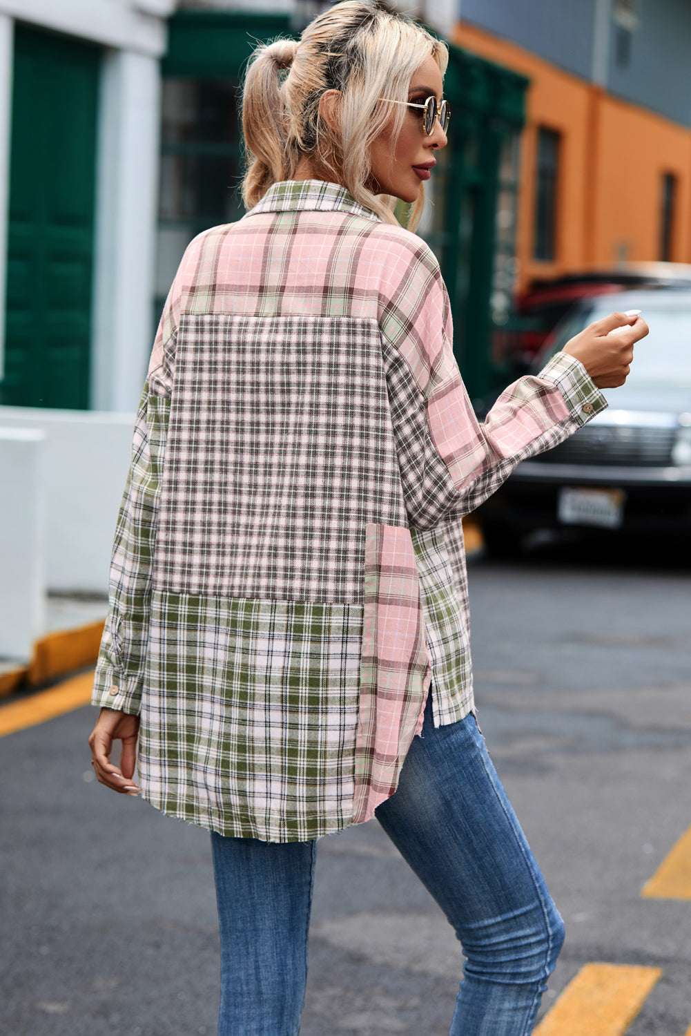 Plaid Patchwork High Low Oversized Shirt