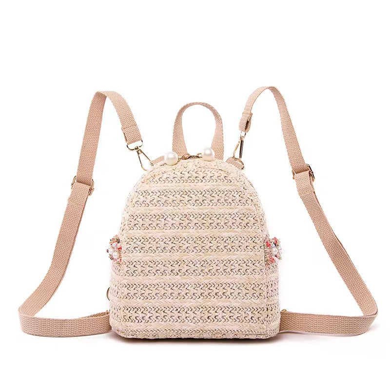 Mini Woven Backpack with Pearls