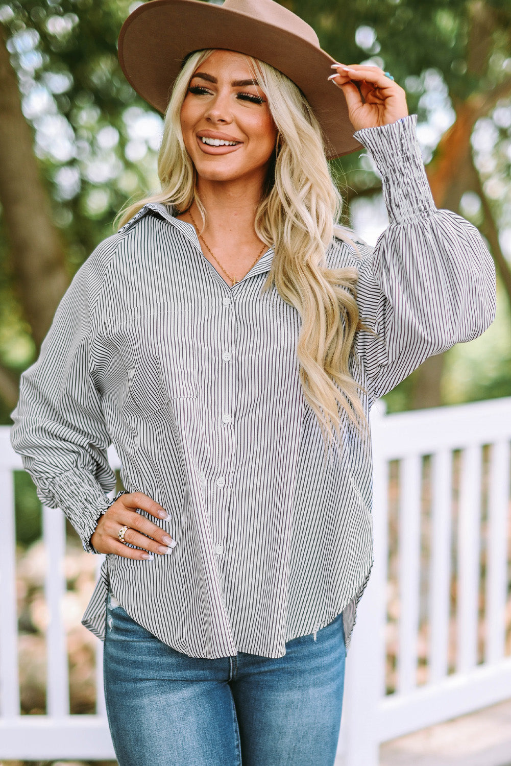 Smocked Cuffed Striped Shirt with Pocket