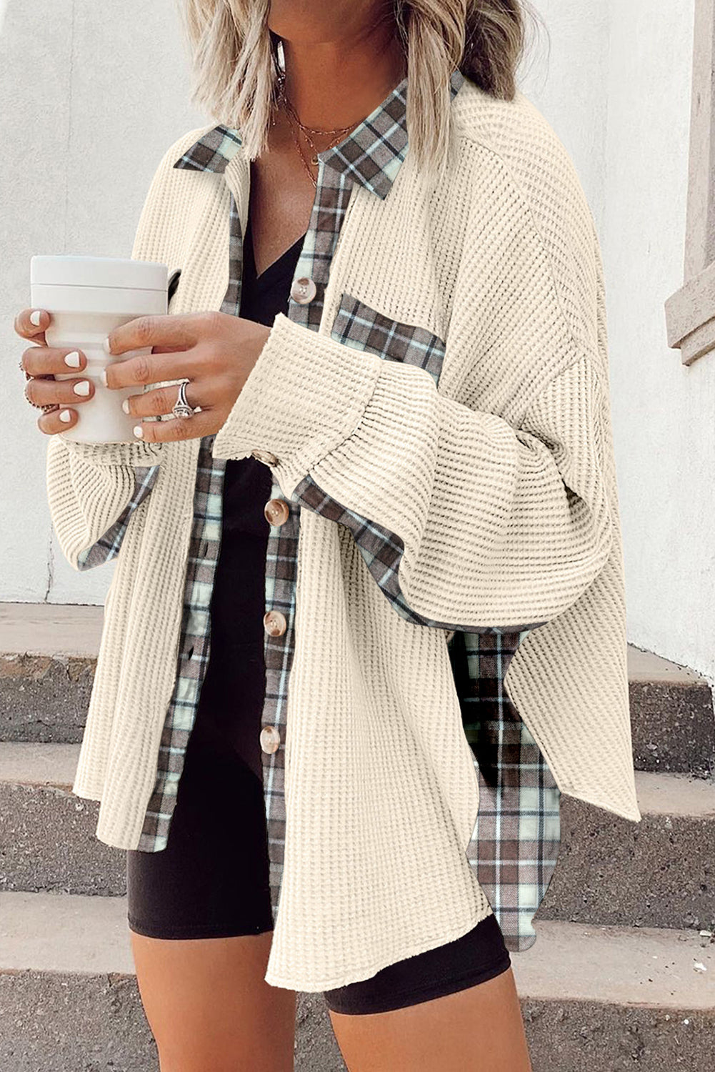 Plaid Waffle Knit Shacket