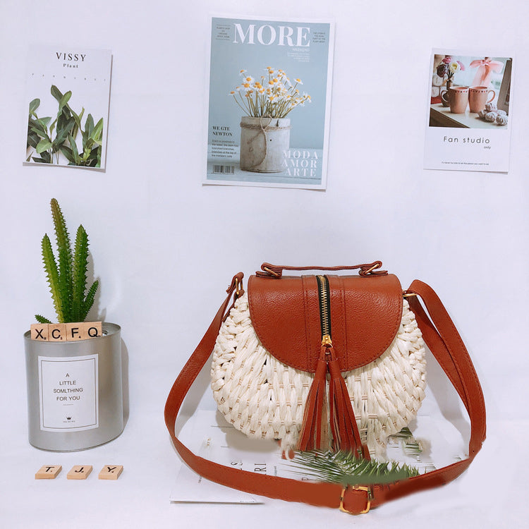 Bamboo Weaving Leather Flap Tassel Shoulder Bag