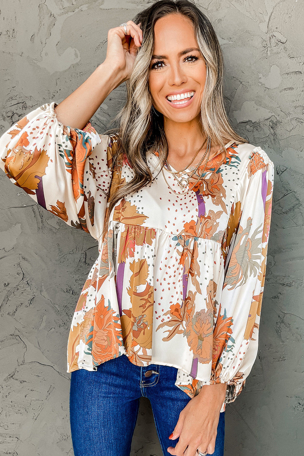 Floral Print V Neck Babydoll Blouse