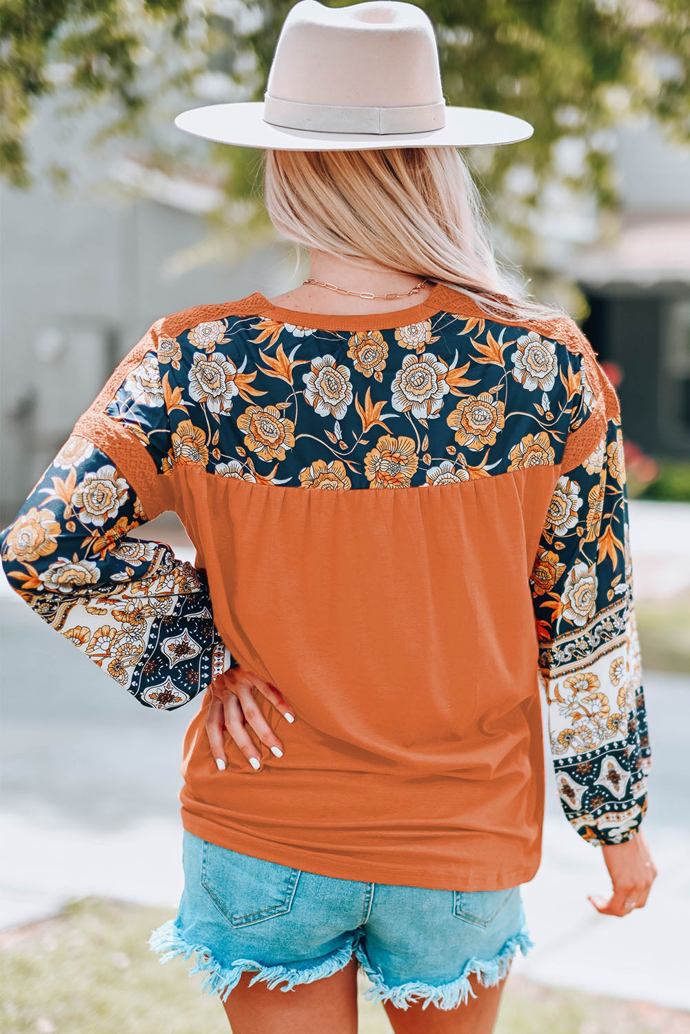 Boho Floral Print Balloon Sleeve Top