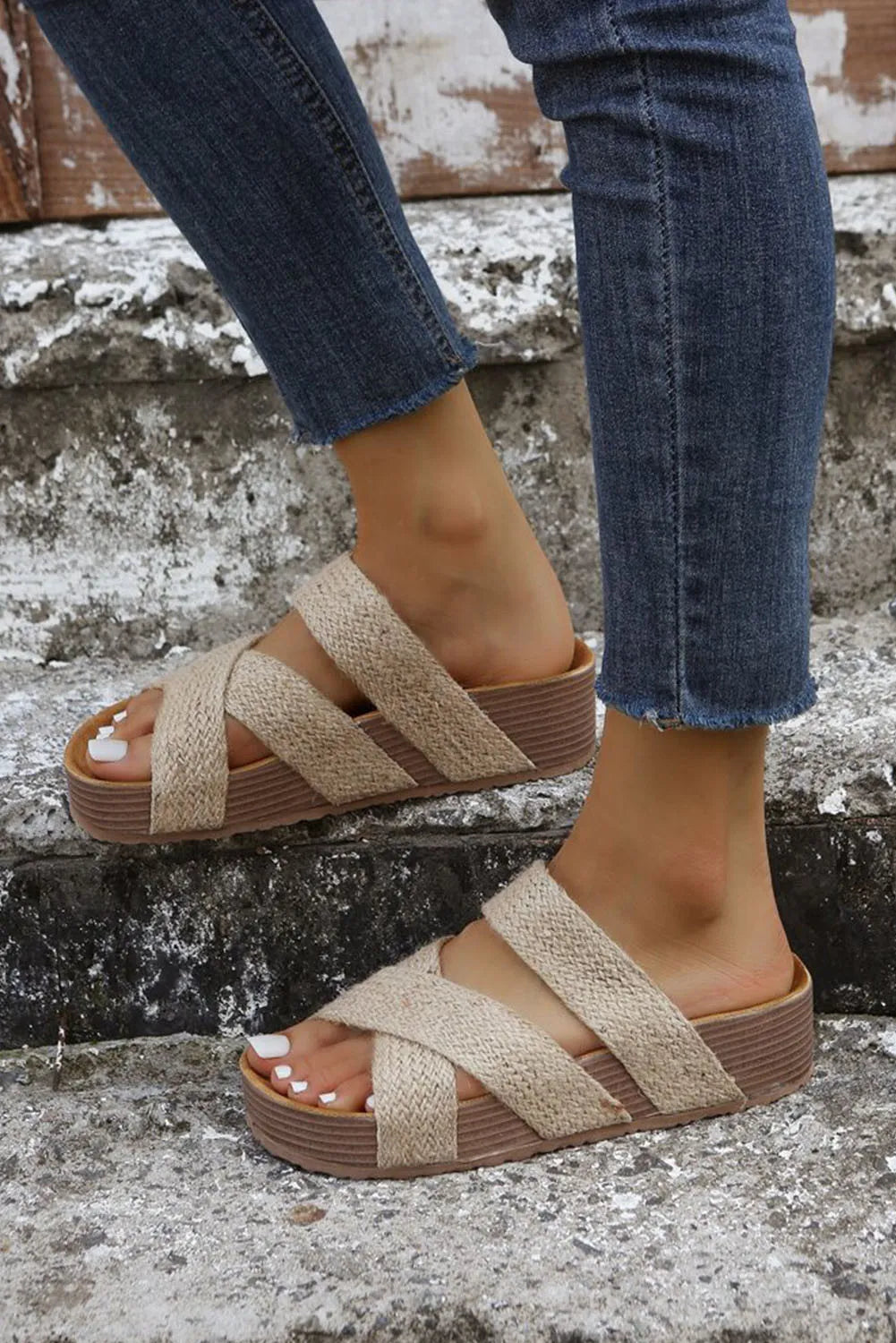 Linen Woven Cross Criss Hollowed Slip-On Slippers