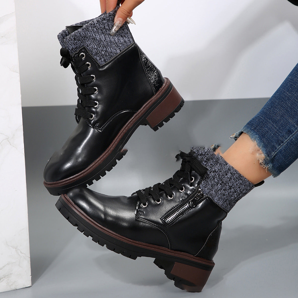 Knitted Patched Lace-up Heeled Ankle Boots