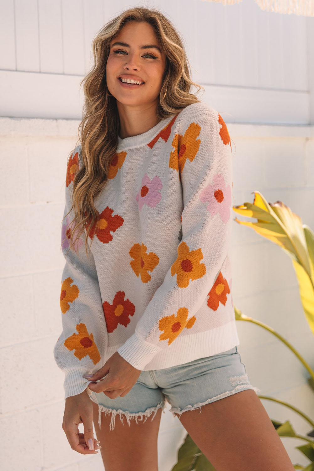 Flower Knitted Ribbed Hem Sweater