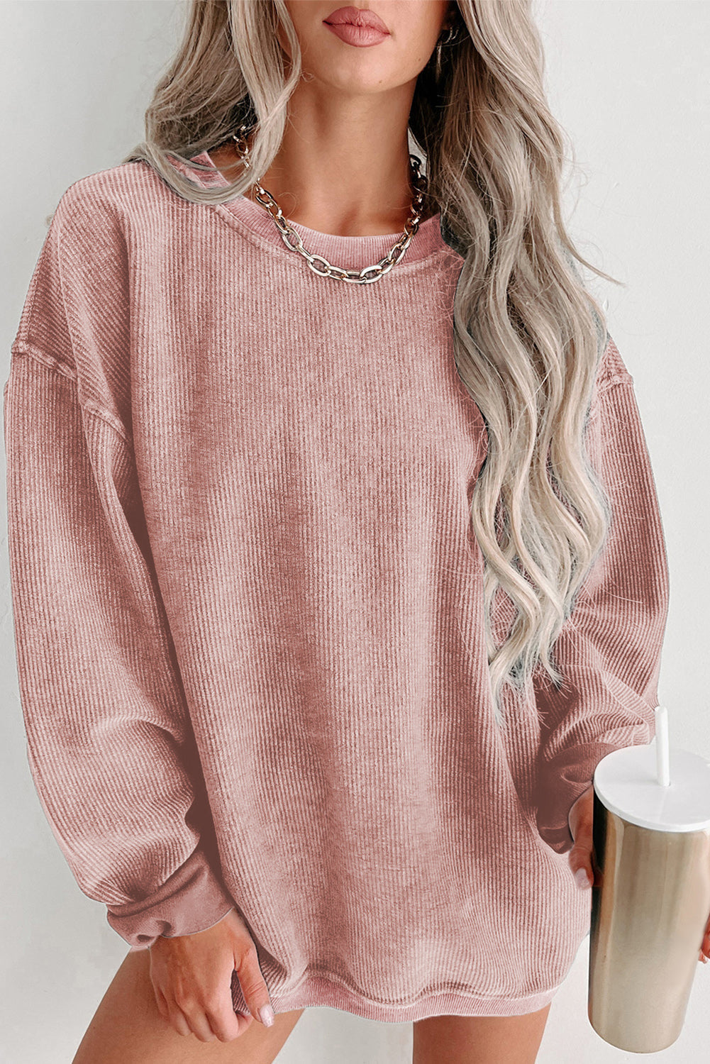 Solid Ribbed Knit Round Neck Pullover Sweatshirt