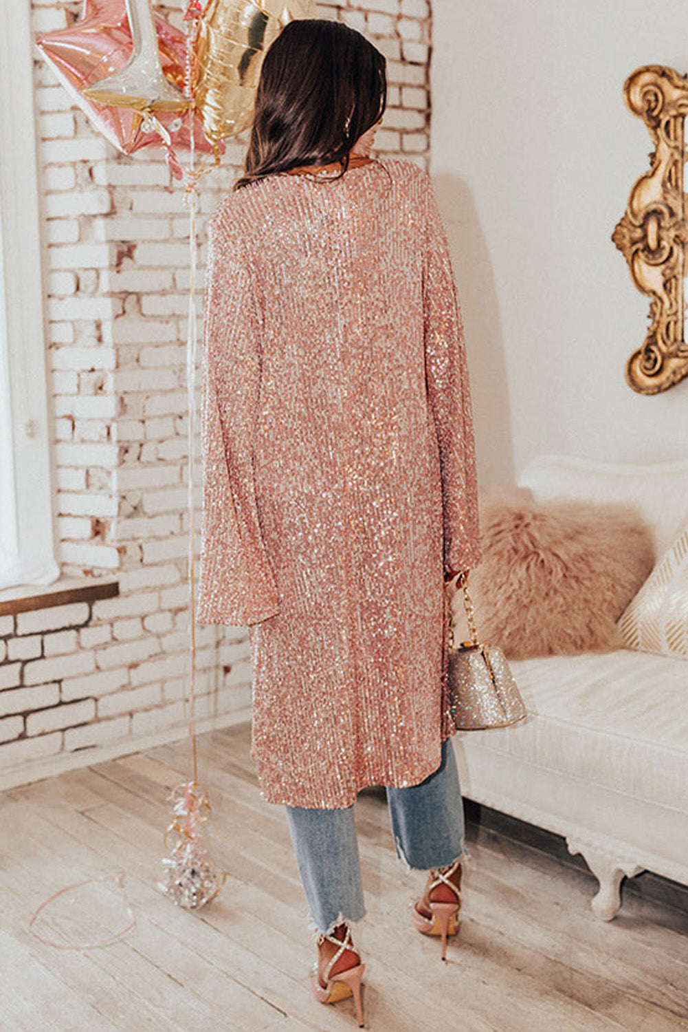 Pink Flare Sleeve Sequin Cardigan