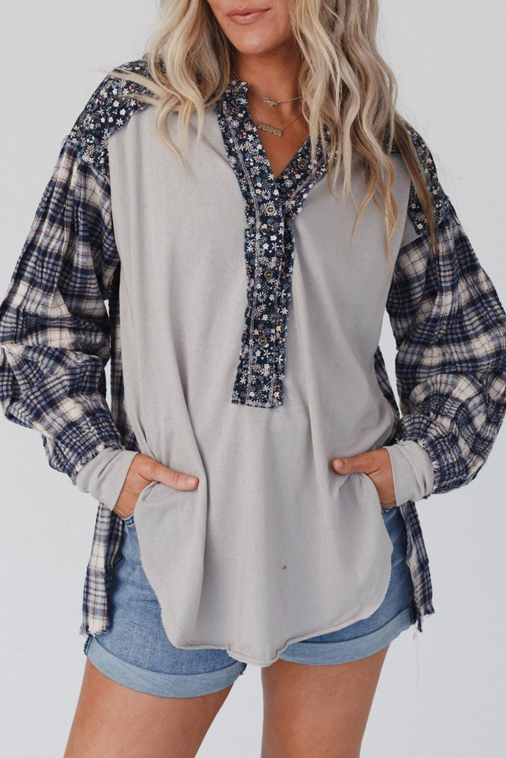 Plaid Mixed Print Bishop Sleeve Patchwork Top