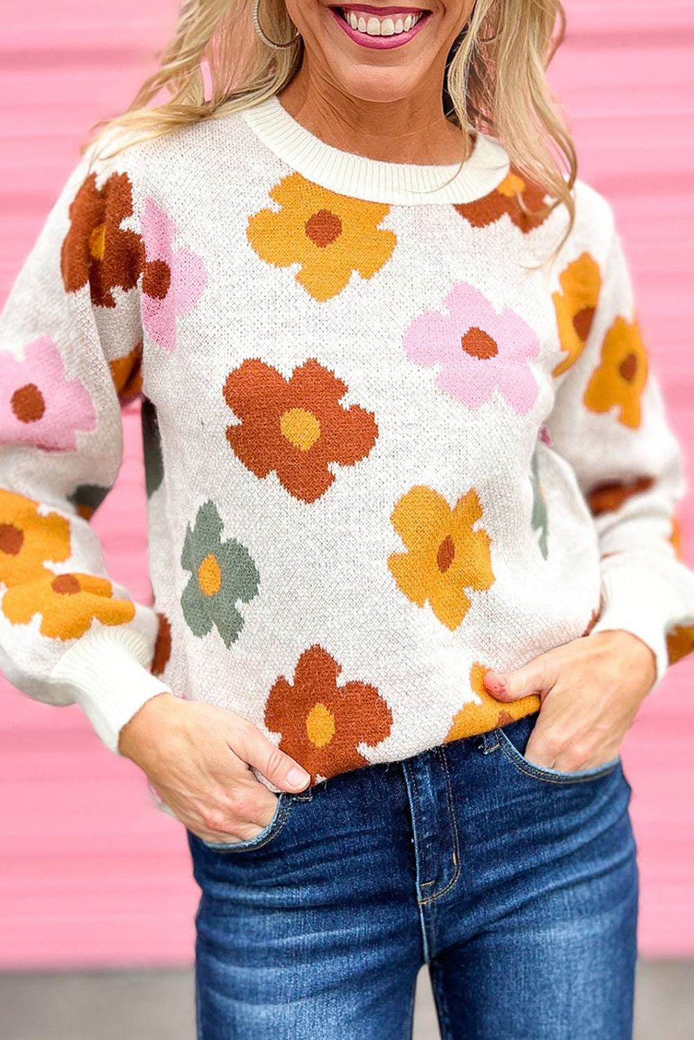 Flower Knitted Ribbed Hem Sweater