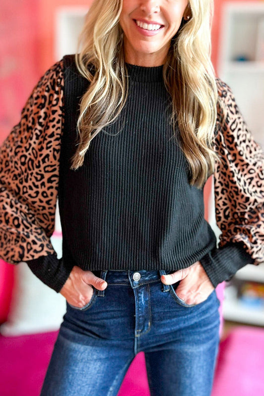 Leopard Print Ribbed Knit Blouse