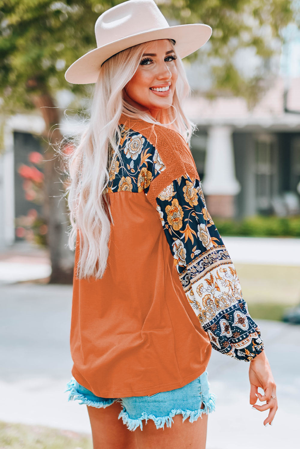 Boho Floral Print Balloon Sleeve Top