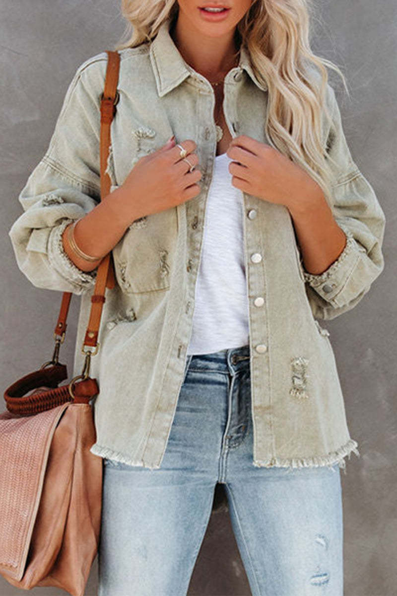 Solid Color Ripped Denim Jacket