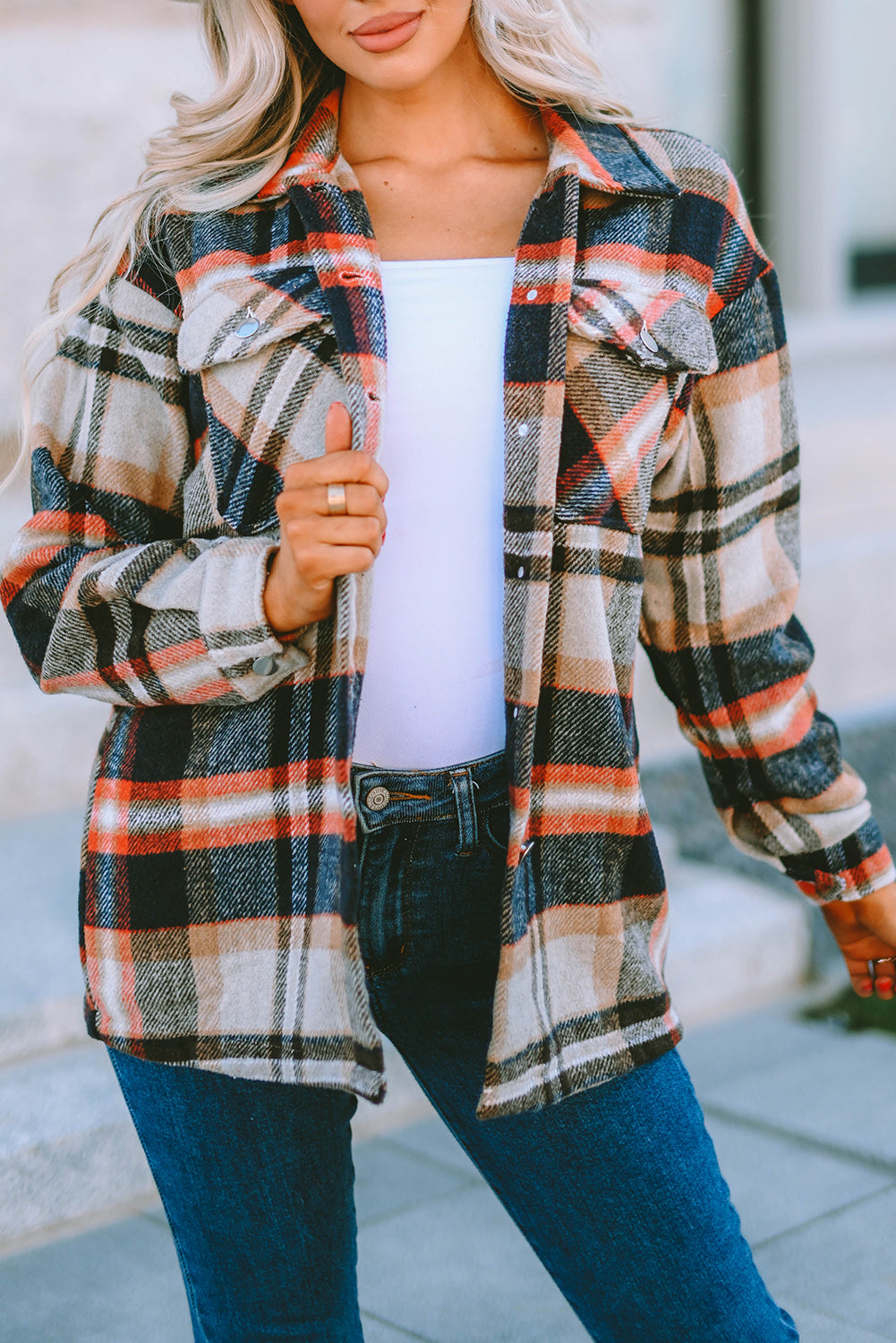 Geometric Plaid Print Pocketed Shacket