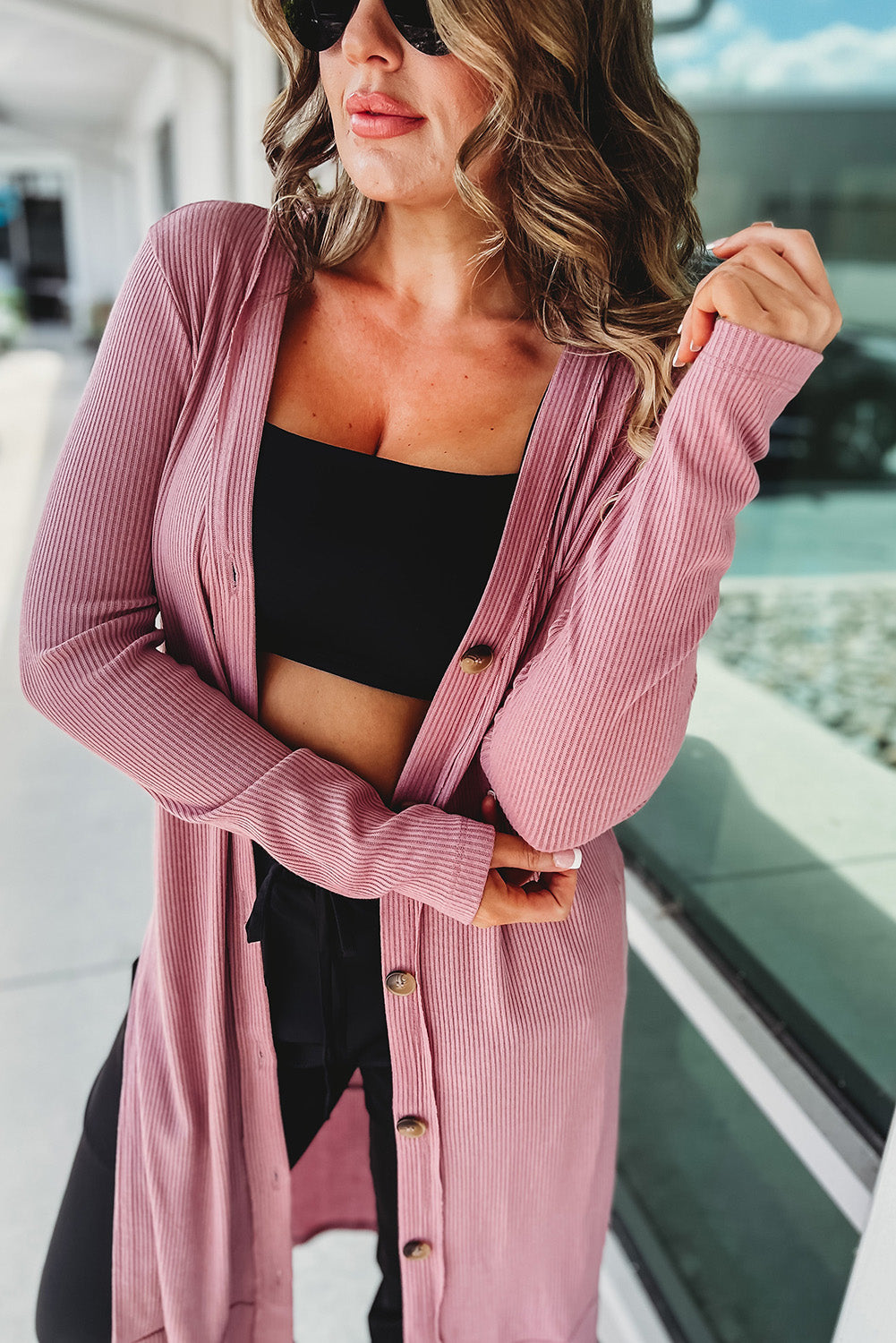 Ribbed Button-Up Split Duster Cardigan