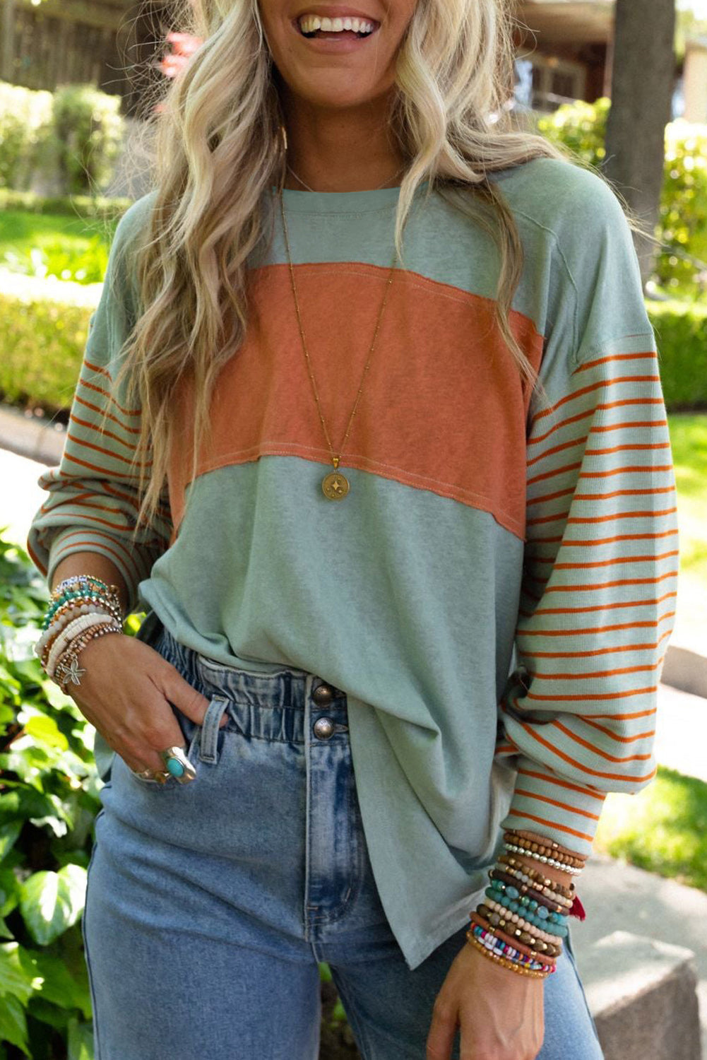 Colorblock Striped Bishop Sleeve Top