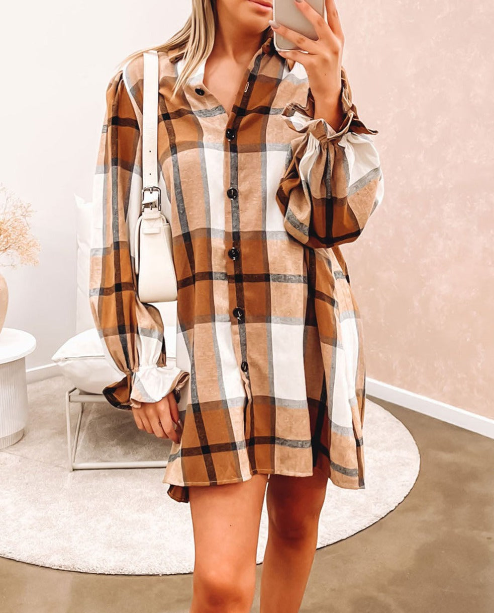 Plaid Pattern Collared Neck Ruffled Sleeve Shirt Dress