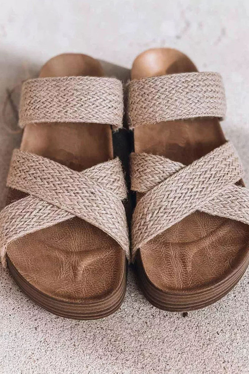 Linen Woven Cross Criss Hollowed Slip-On Slippers