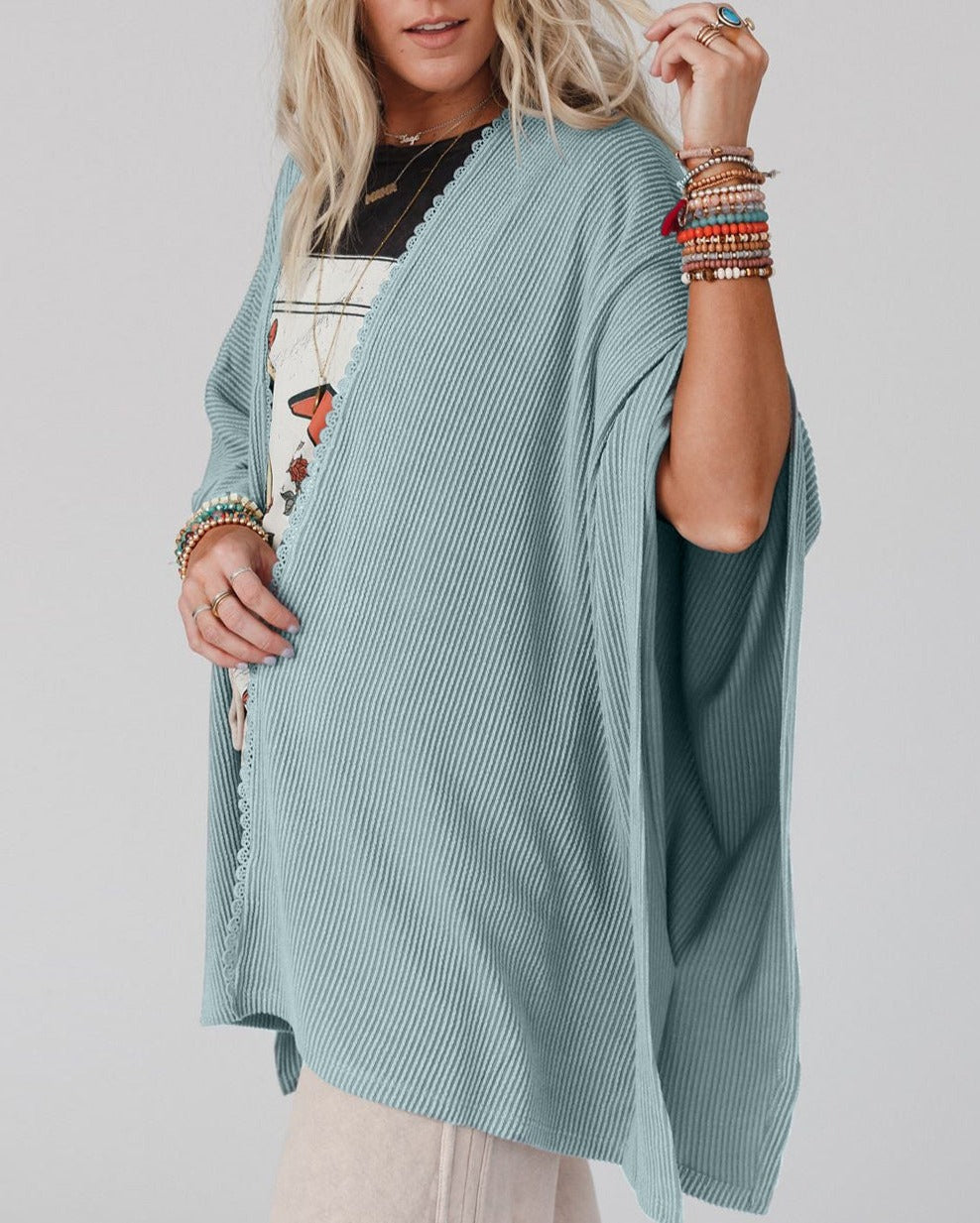 Lace Trim Ribbed Oversize Kimono