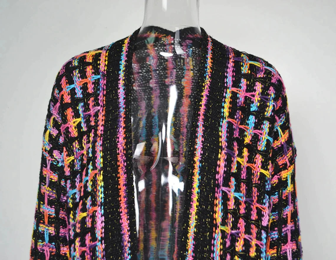 Maxi Cardigan in Multi Colors with Fringe Hem