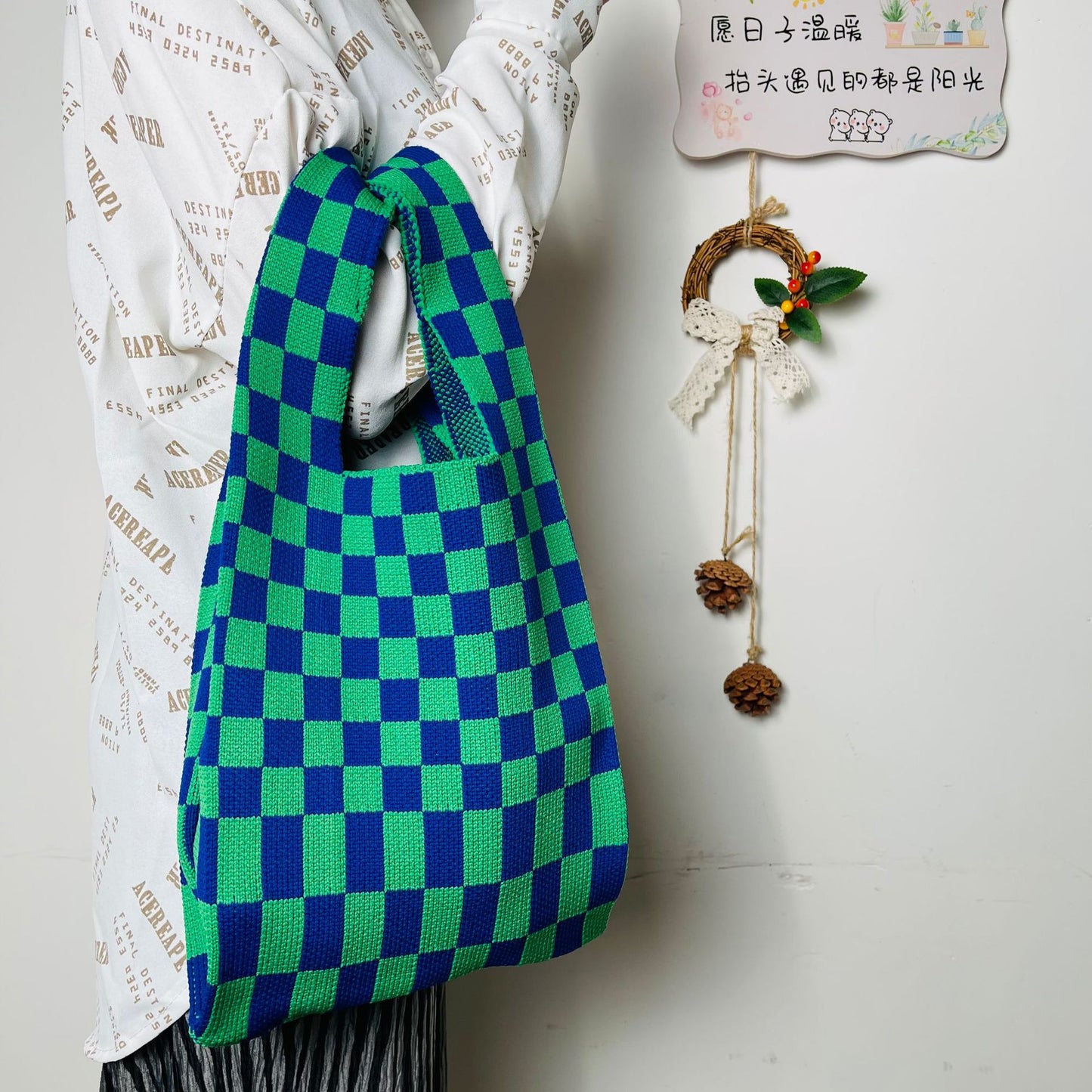 Checkered Crochet Tote Bag